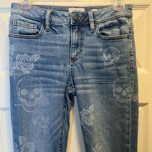 MISS ME Skull & Flower/Roses Print Straight Distressed Jeans